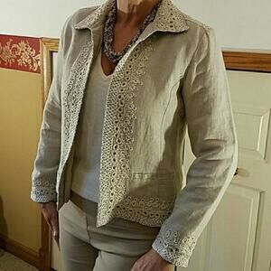 Chico’s Linen Embroidered Cream Jacket Size 2 Large Cruise Coastal Grandma Work